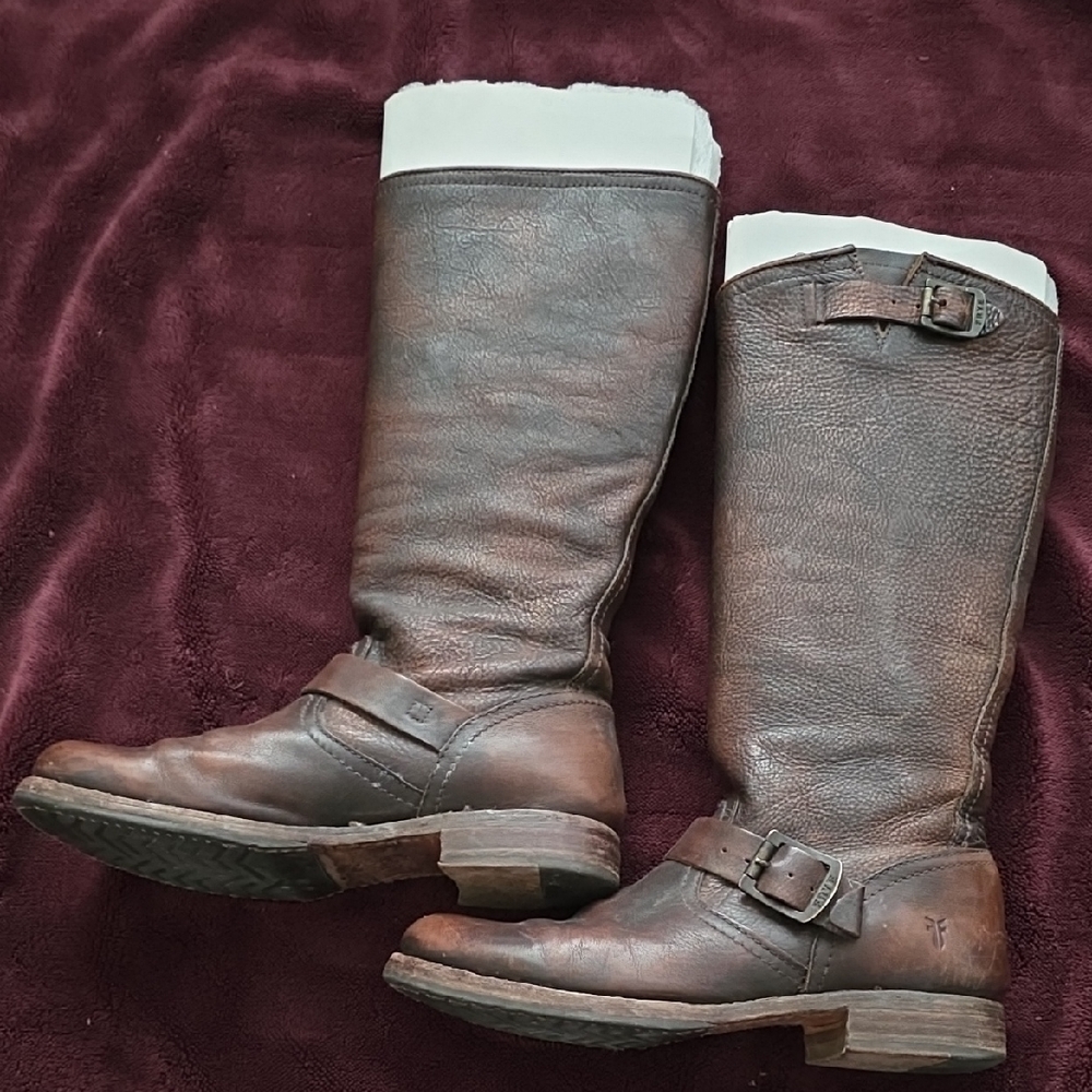 Frye Veronica Slouch distressed brown leather boots.